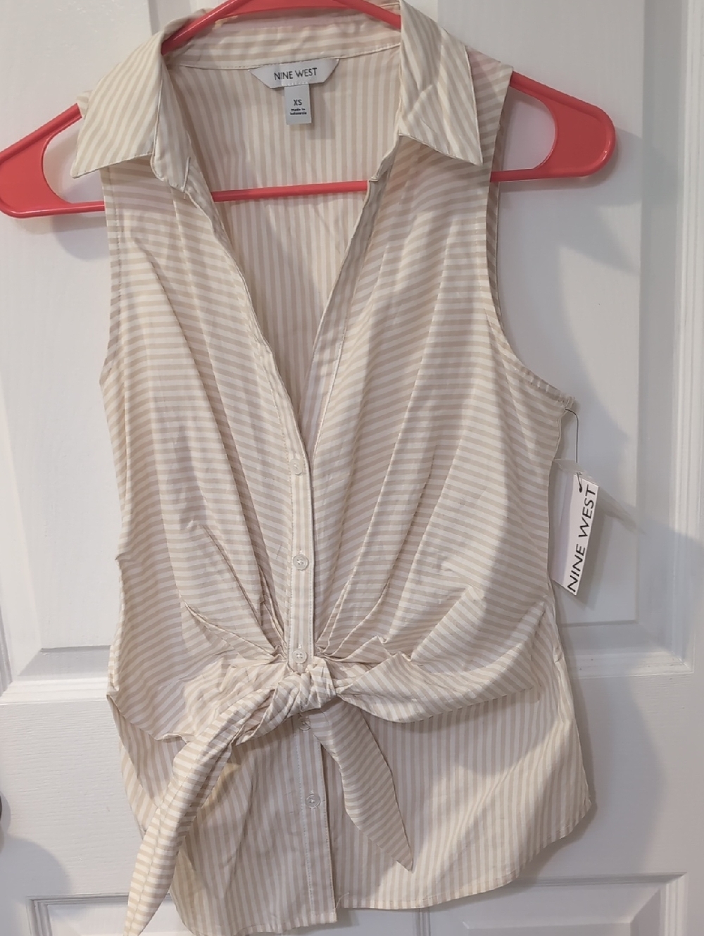 Nine West Cream and Beige Striped Tie-Front Sleeveless Blouse
